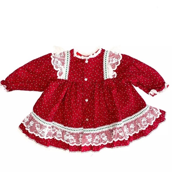 VTG 1980s Bryan Baby Girl 6-9MRed Calico Christmas Dress Lace Green Ribbon Prair - Picture 2 of 15